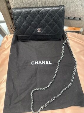 CHANEL Black Quilted Caviar Leather wallet chain WOC with Silver-Tone Chain